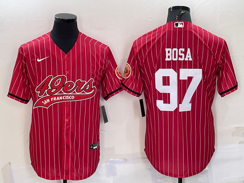 Men's San Francisco 49ers #97 Nick Bosa Red With Patch Cool Base Stitched Baseball Jersey Men's San Francisco 49ers #97 Nick Bosa Red With Patch Cool Base Stitched Baseball Jersey